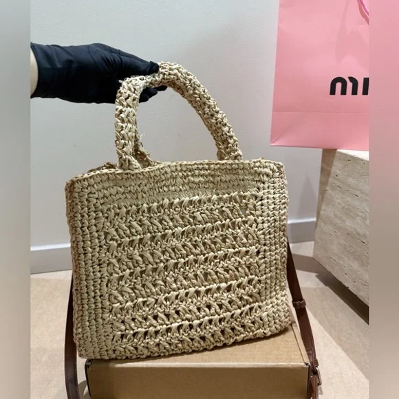 Miu Miu Straw Tote Bag Large Shoulder Bag 31x27cm - Picture 9 of 9